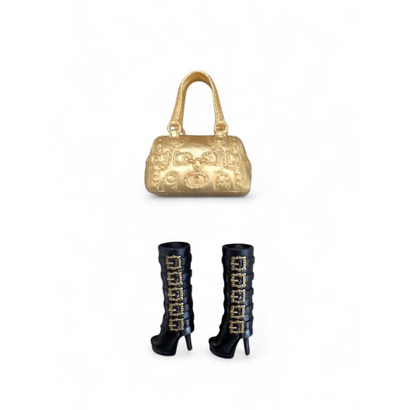Pre-owned Barbie Doll Accessories Black Gold Platform High Heel Shoes &  Handbag - Picture 1 of 6